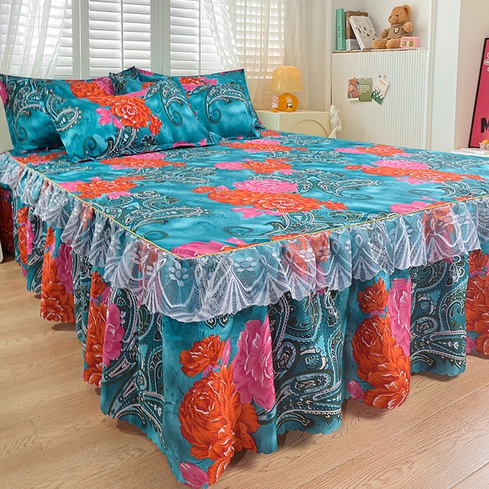 91家纺网 家纺一手货源 找家纺 小雨家纺 2026新款亲肤芦荟棉外贸蕾丝花边床裙 向阳而生