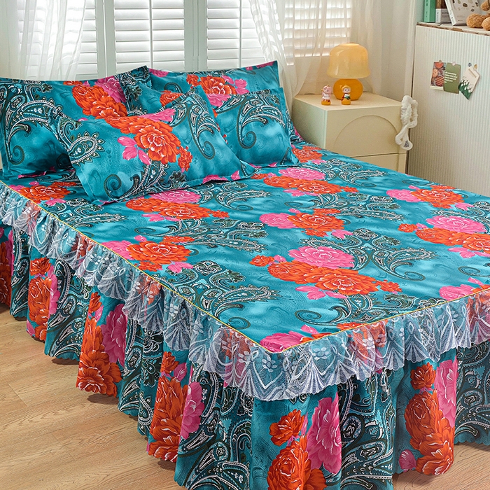 91家纺网 家纺一手货源 找家纺 小雨家纺 2026新款亲肤芦荟棉外贸蕾丝花边床裙 向阳而生