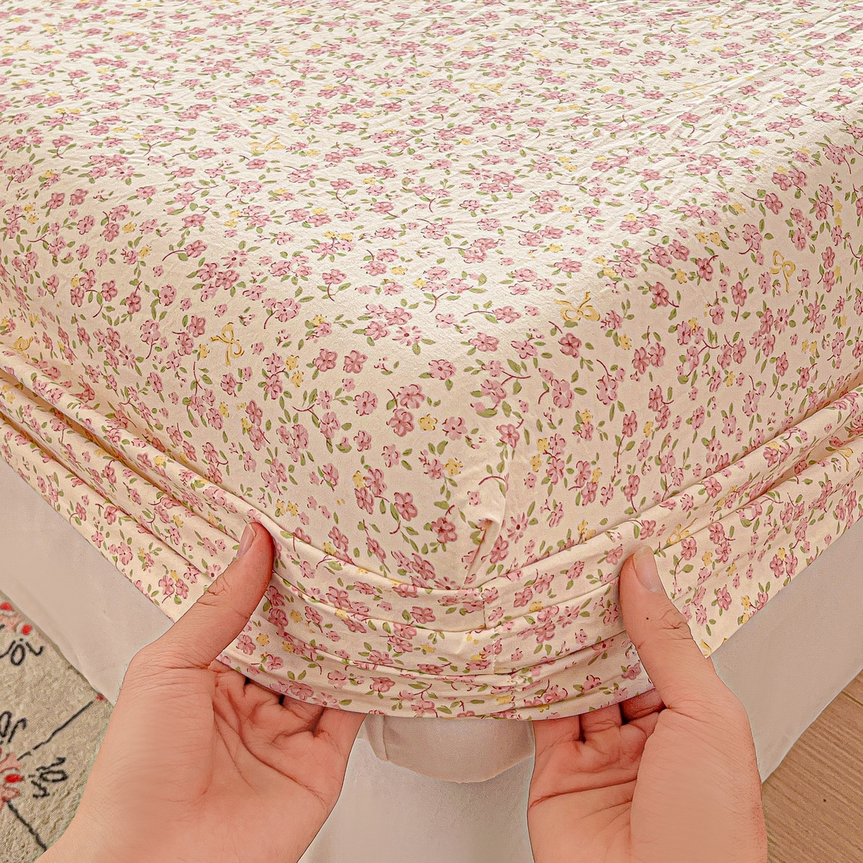 91家纺网 家纺一手货源 找家纺 温眠家纺 2026新款古法水洗棉加厚高克重双层纱单床笠床笠单件单品床笠 云间花述