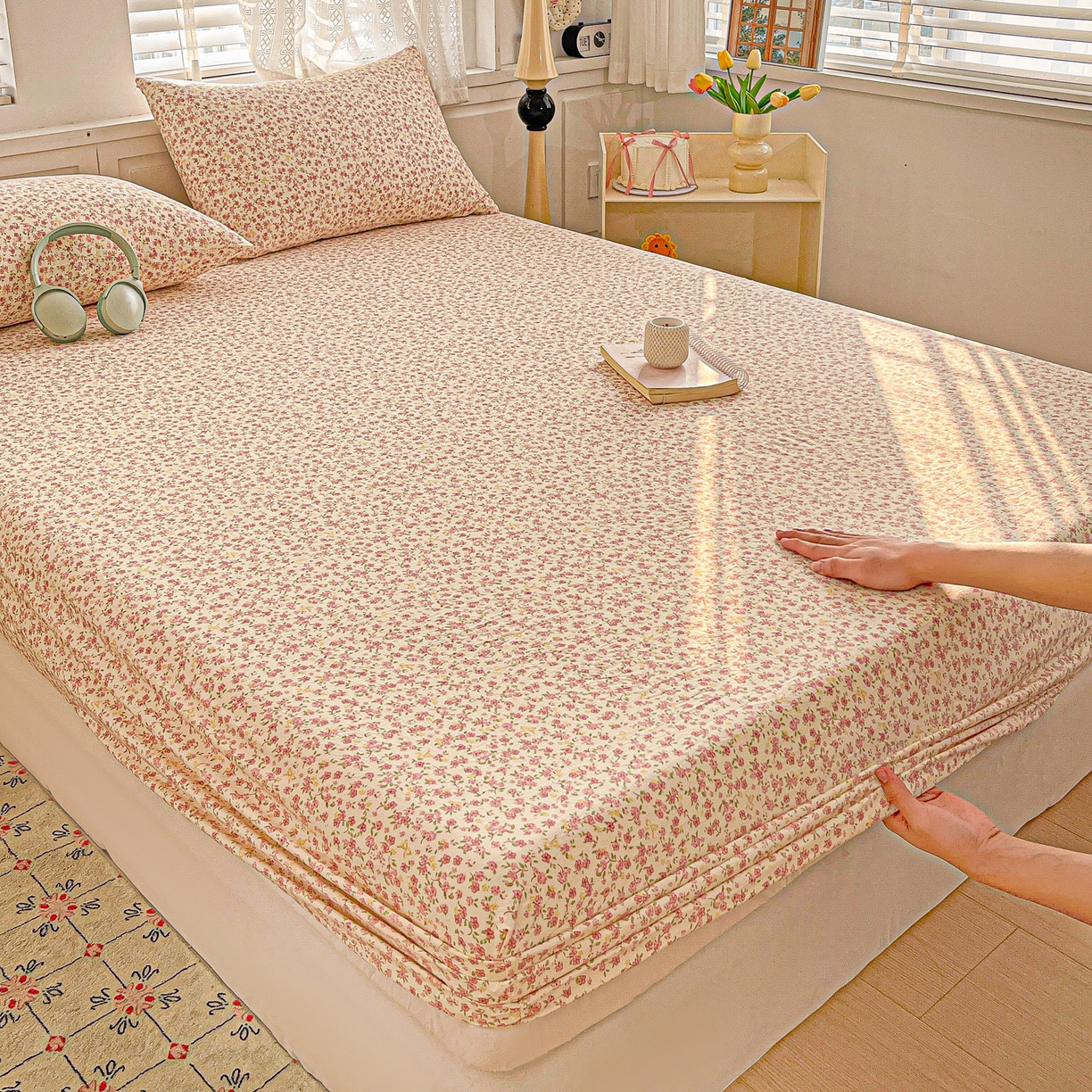 91家纺网 家纺一手货源 找家纺 温眠家纺 2026新款古法水洗棉加厚高克重双层纱单床笠床笠单件单品床笠 云间花述