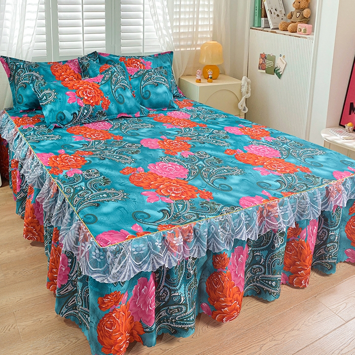 91家纺网 家纺一手货源 找家纺 小雨家纺 2026新款亲肤芦荟棉外贸蕾丝花边床裙 向阳而生