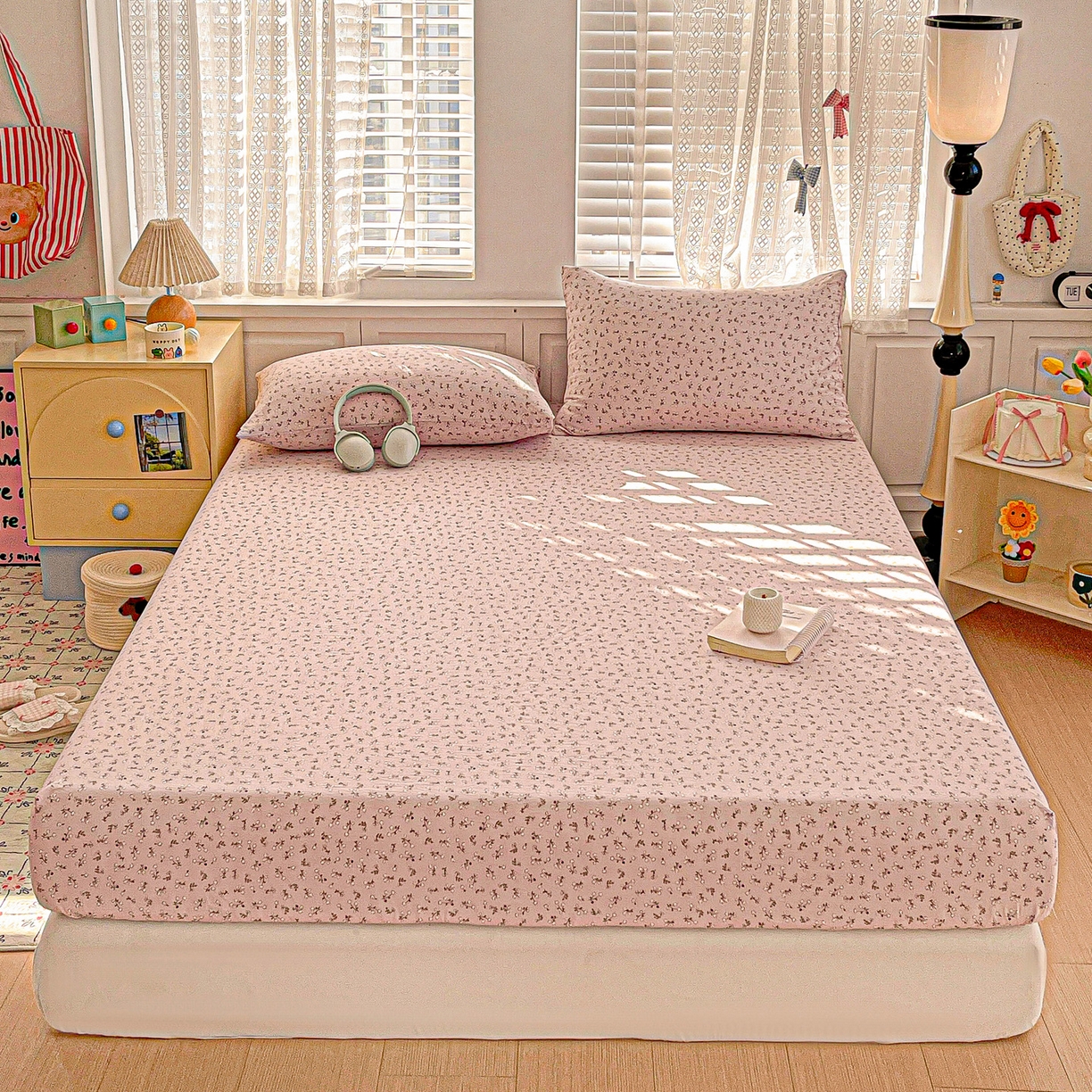 91家纺网 家纺一手货源 找家纺 温眠家纺 2026新款古法水洗棉加厚高克重双层纱单床笠床笠单件单品床笠 花韵