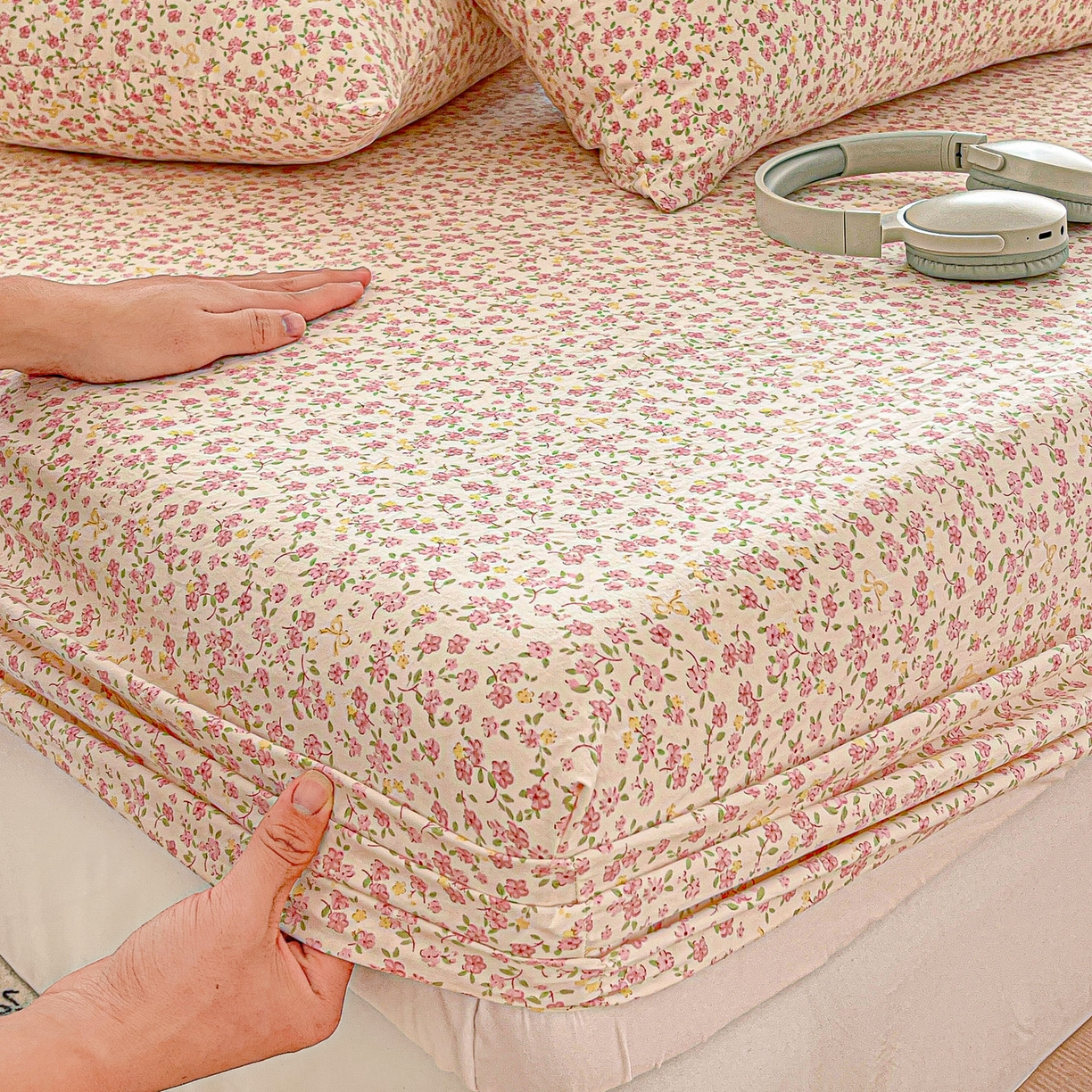 91家纺网 家纺一手货源 找家纺 温眠家纺 2026新款古法水洗棉加厚高克重双层纱单床笠床笠单件单品床笠 云间花述