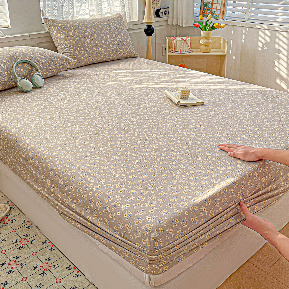 91家纺网 家纺一手货源 找家纺 温眠家纺 2026新款古法水洗棉加厚高克重双层纱单床笠床笠单件单品床笠 扶桑花未落