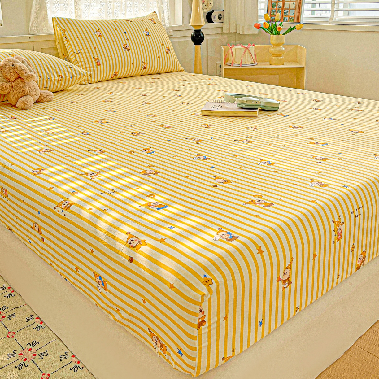 91家纺网 家纺一手货源 找家纺 温眠家纺 2026新款古法水洗棉加厚高克重双层纱单床笠床笠单件单品床笠 星星人