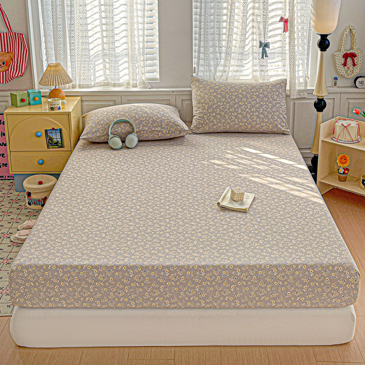 91家纺网 家纺一手货源 找家纺 温眠家纺 2026新款古法水洗棉加厚高克重双层纱单床笠床笠单件单品床笠 扶桑花未落