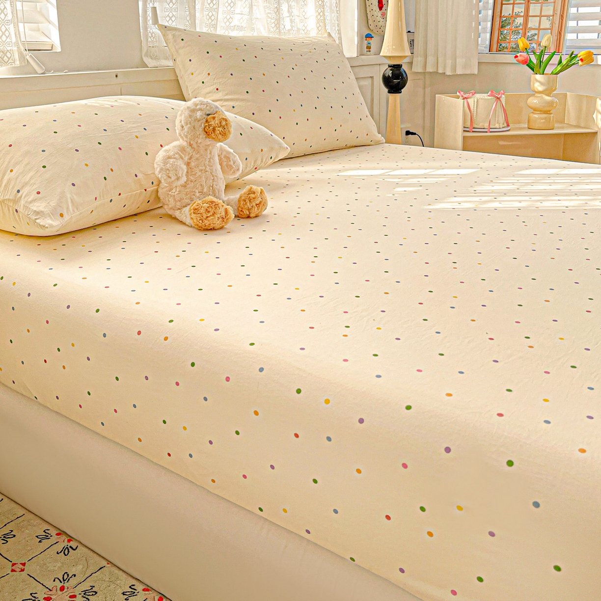 91家纺网 家纺一手货源 找家纺 温眠家纺 2026新款古法水洗棉加厚高克重双层纱单床笠床笠单件单品床笠 彩波波