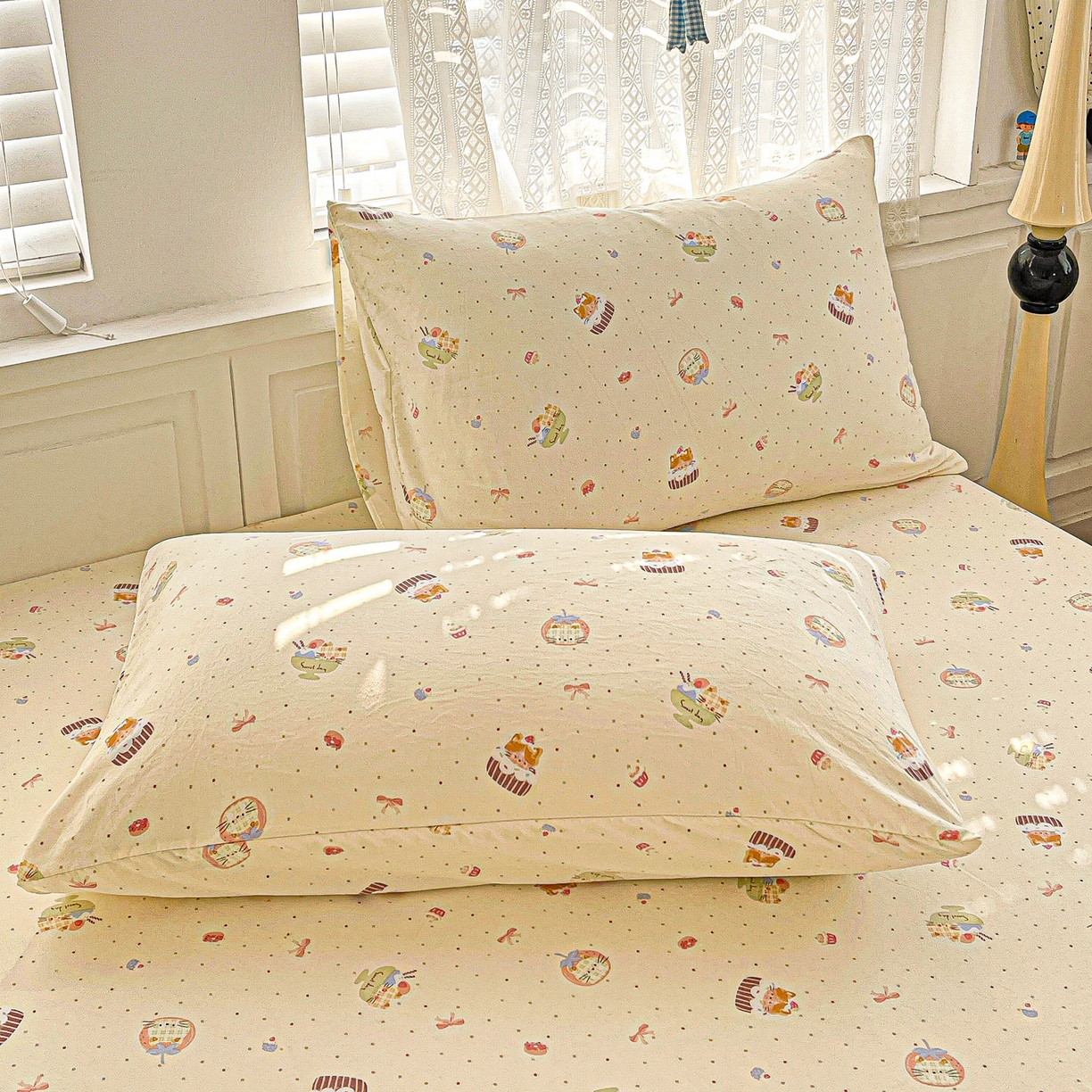 91家纺网 家纺一手货源 找家纺 温眠家纺 2026新款古法水洗棉加厚高克重双层纱单床笠床笠单件单品床笠 蛋糕小猫