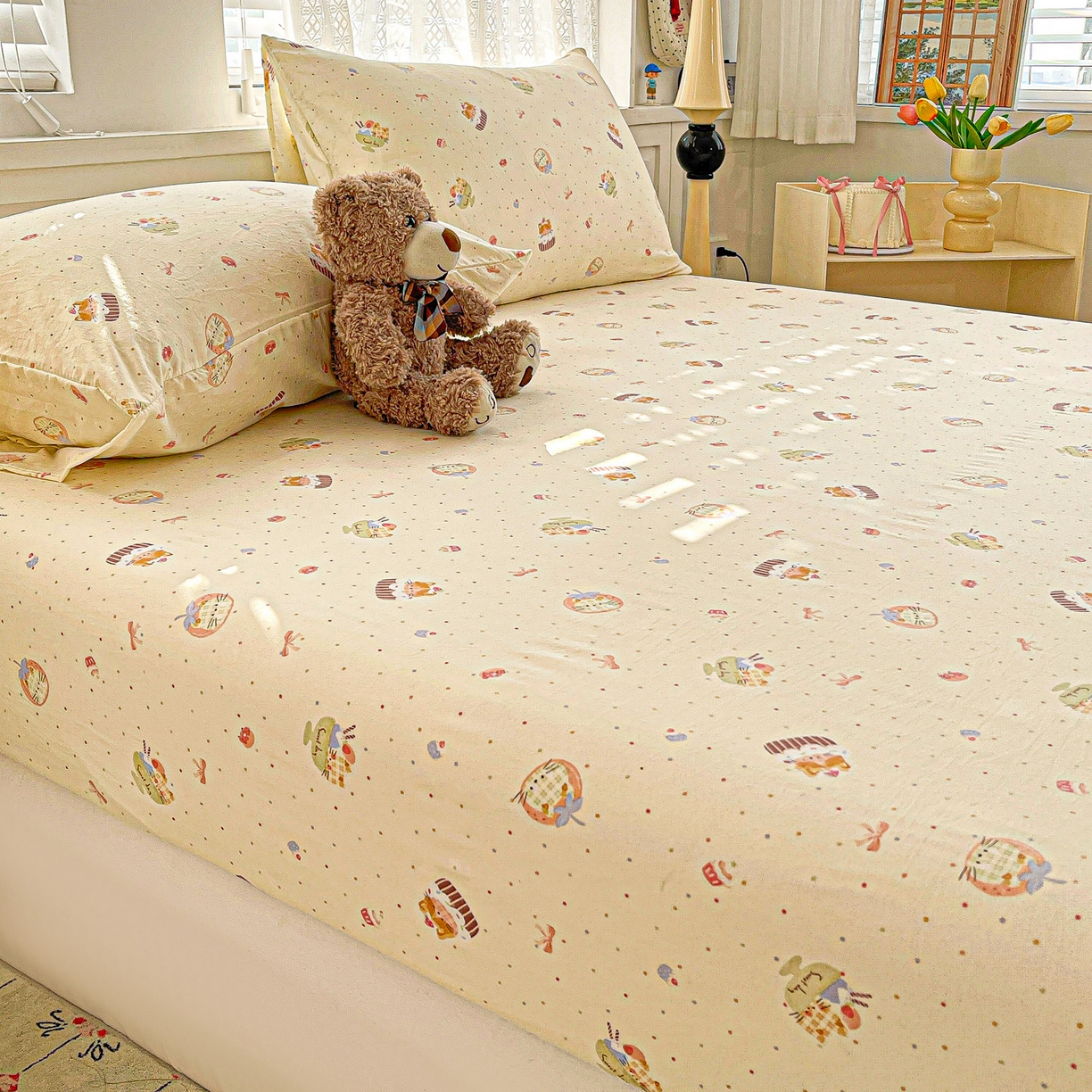 91家纺网 家纺一手货源 找家纺 温眠家纺 2026新款古法水洗棉加厚高克重双层纱单床笠床笠单件单品床笠 蛋糕小猫