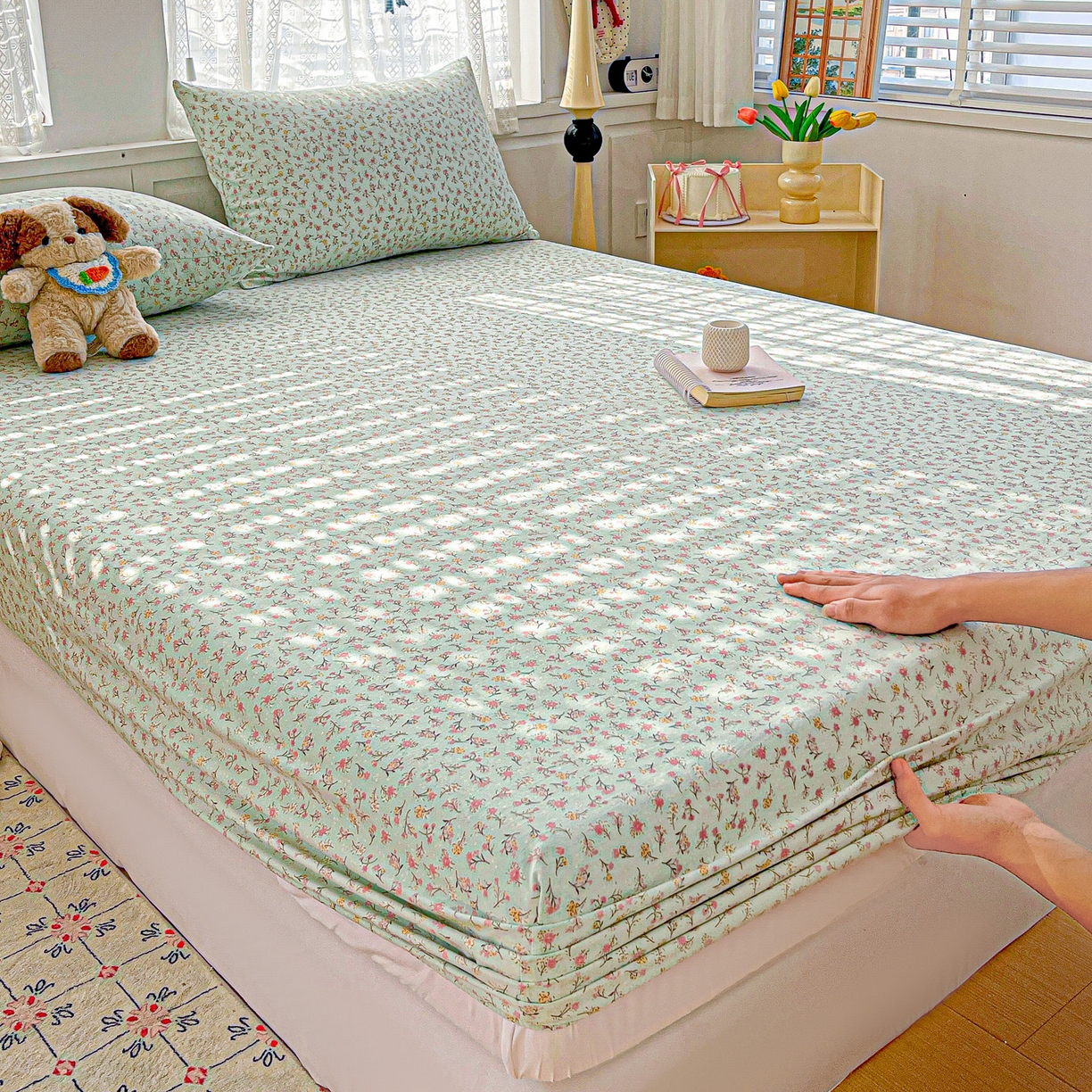 91家纺网 家纺一手货源 找家纺 温眠家纺 2026新款古法水洗棉加厚高克重双层纱单床笠床笠单件单品床笠 绮梦花间