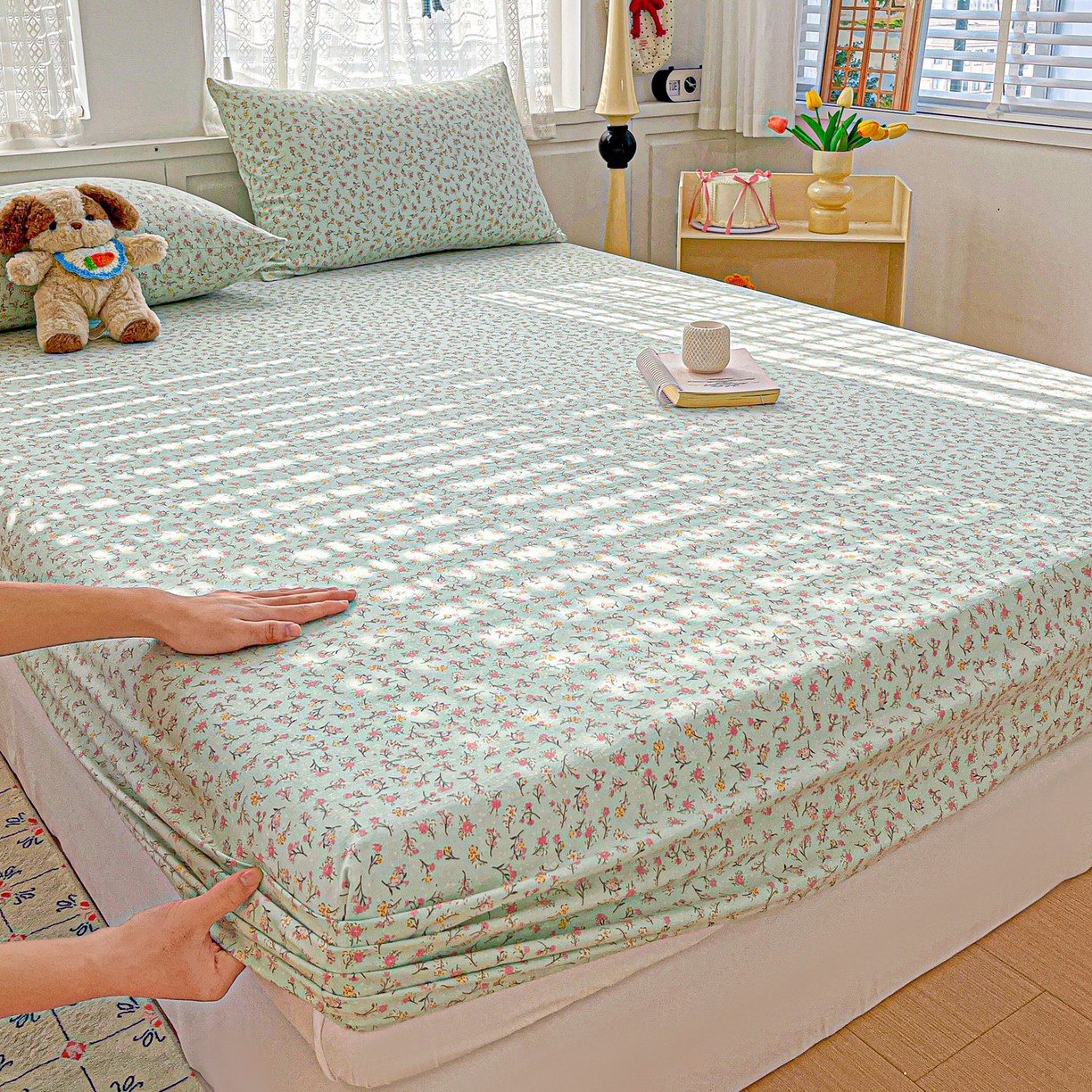 91家纺网 家纺一手货源 找家纺 温眠家纺 2026新款古法水洗棉加厚高克重双层纱单床笠床笠单件单品床笠 绮梦花间