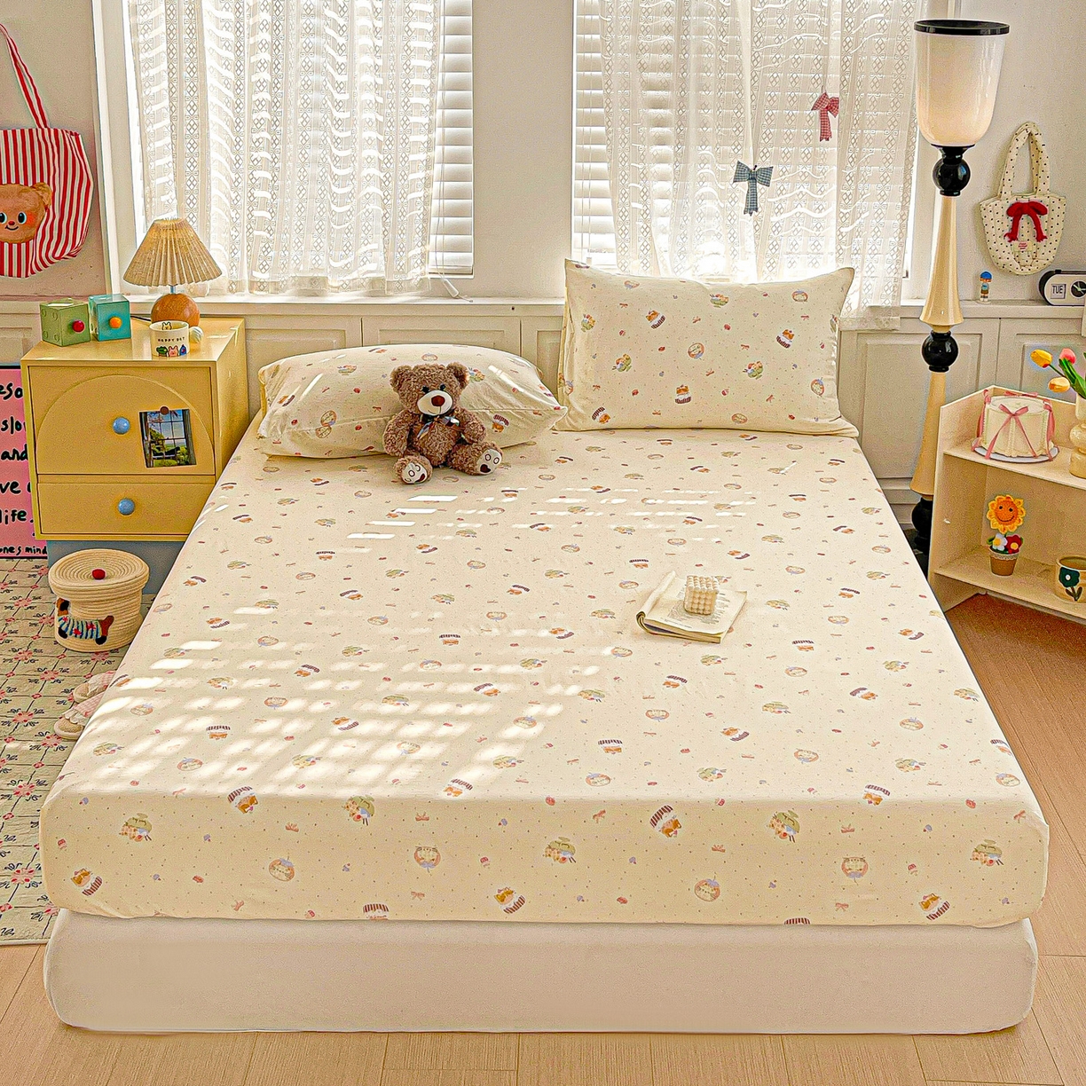 91家纺网 家纺一手货源 找家纺 温眠家纺 2026新款古法水洗棉加厚高克重双层纱单床笠床笠单件单品床笠 蛋糕小猫