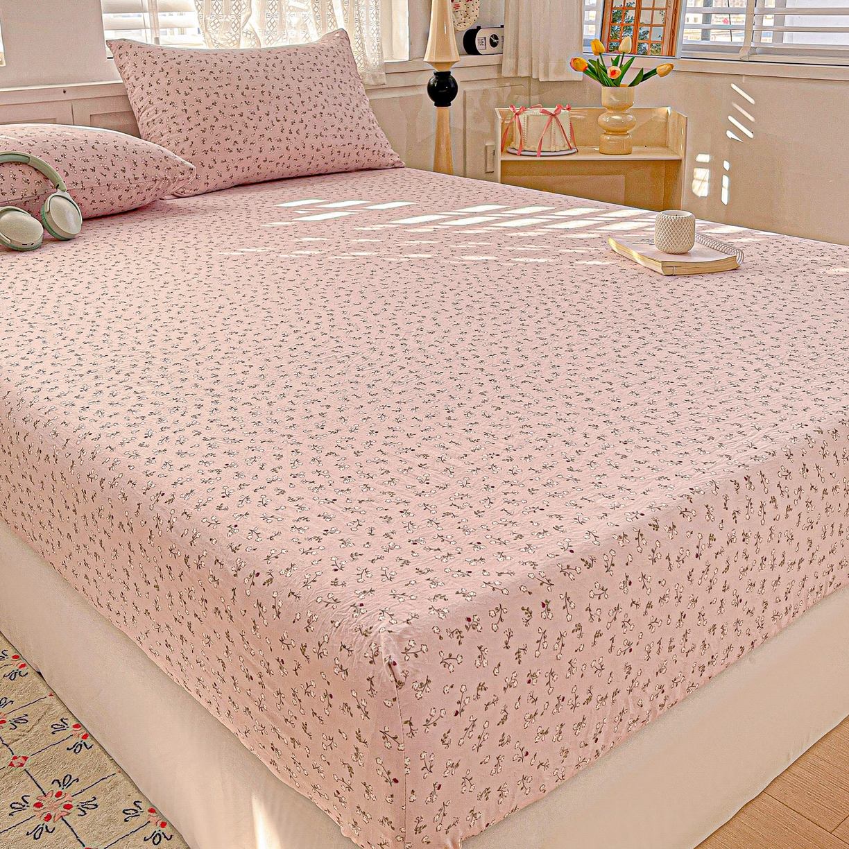 91家纺网 家纺一手货源 找家纺 温眠家纺 2026新款古法水洗棉加厚高克重双层纱单床笠床笠单件单品床笠 花韵