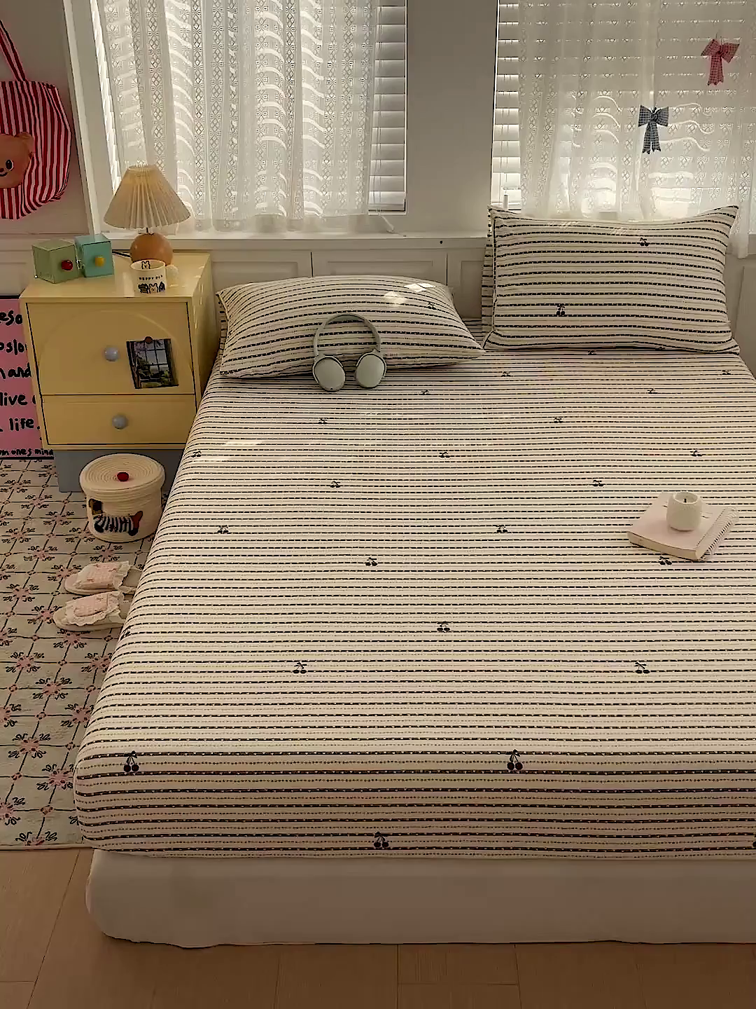 91家纺网 家纺一手货源 找家纺 温眠家纺 2026新款古法水洗棉加厚高克重双层纱单床笠床笠单件单品床笠 樱之桃桃