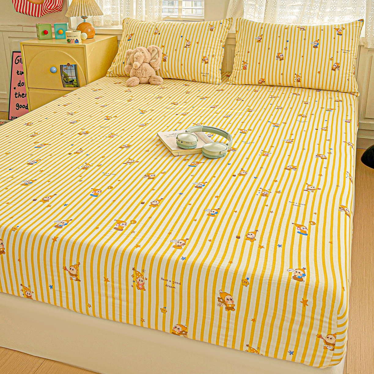 91家纺网 家纺一手货源 找家纺 温眠家纺 2026新款古法水洗棉加厚高克重双层纱单床笠床笠单件单品床笠 星星人