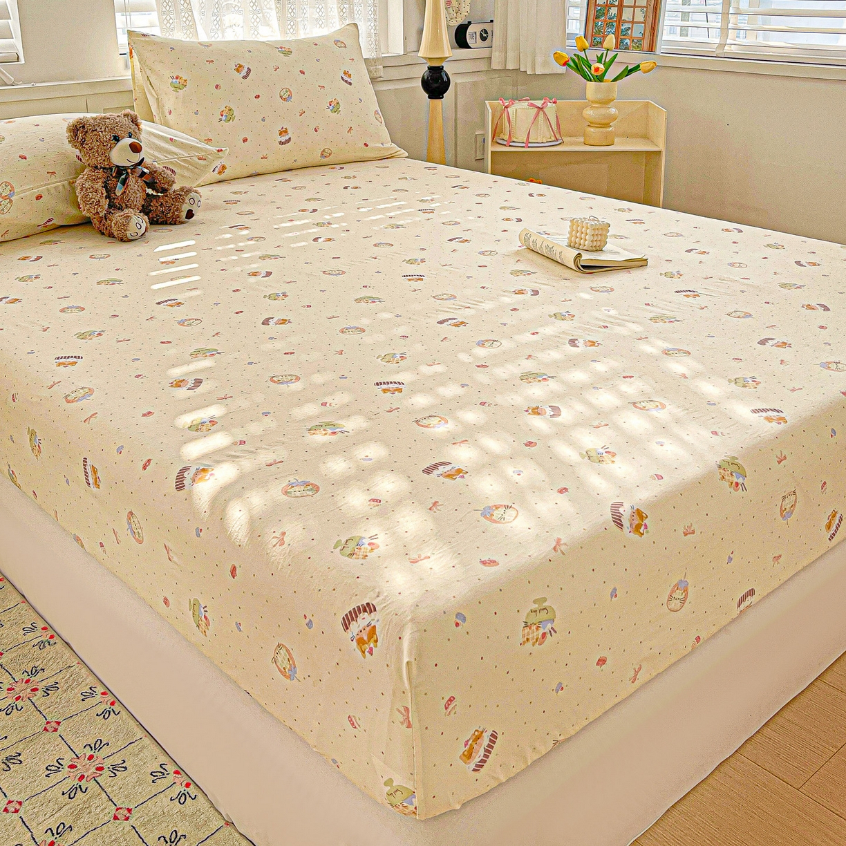 91家纺网 家纺一手货源 找家纺 温眠家纺 2026新款古法水洗棉加厚高克重双层纱单床笠床笠单件单品床笠 蛋糕小猫