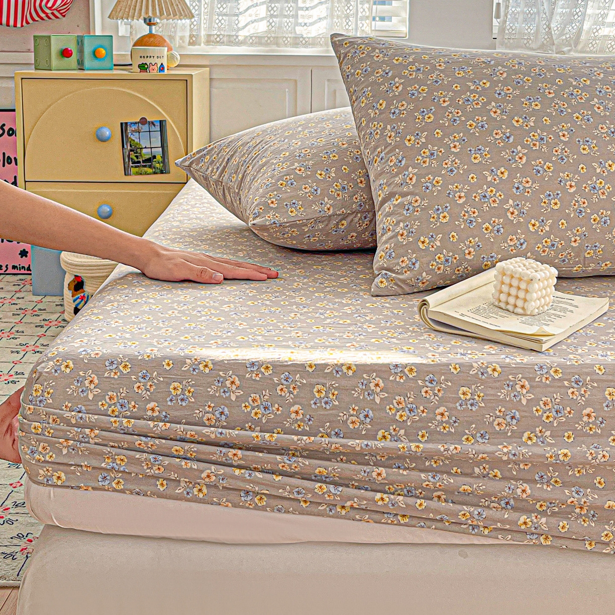 91家纺网 家纺一手货源 找家纺 温眠家纺 2026新款古法水洗棉加厚高克重双层纱单床笠床笠单件单品床笠 扶桑花未落