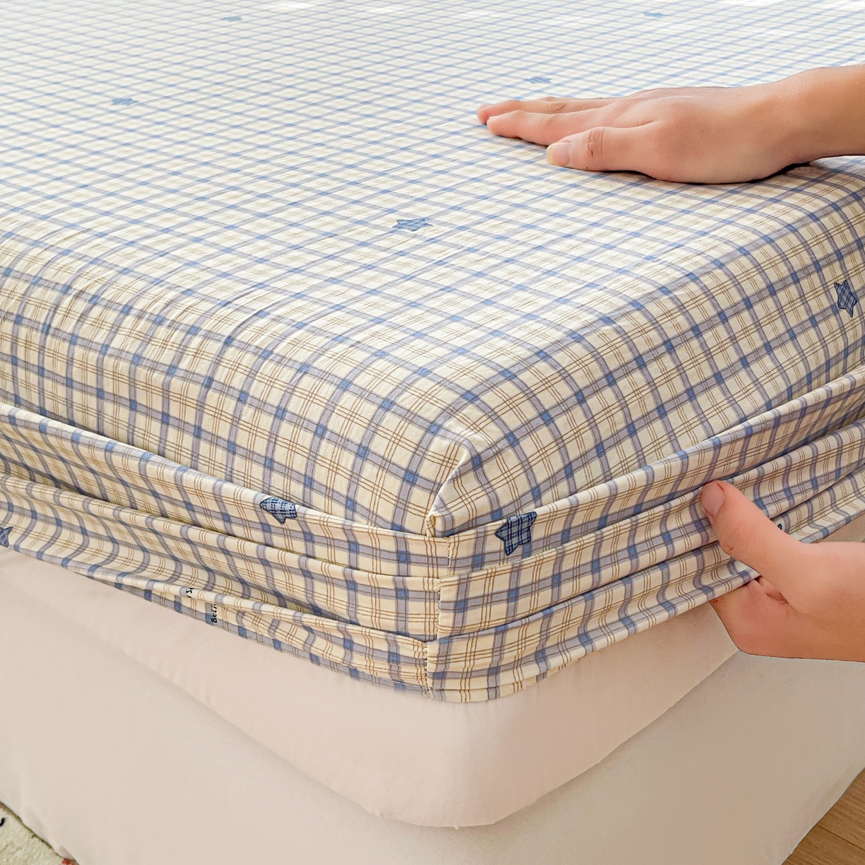 91家纺网 家纺一手货源 找家纺 温眠家纺 2026新款古法水洗棉加厚高克重双层纱单床笠床笠单件单品床笠 挽星入梦