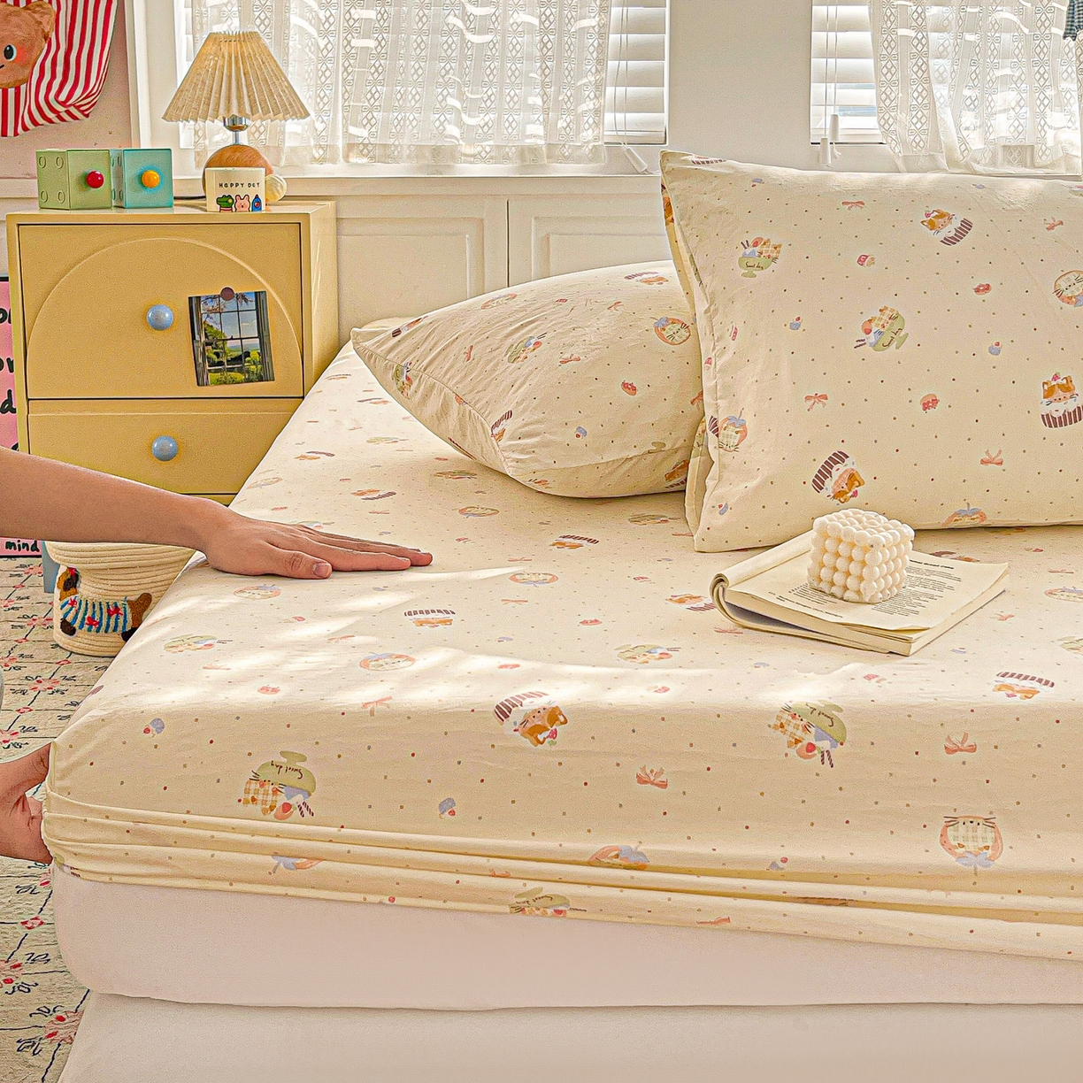 91家纺网 家纺一手货源 找家纺 温眠家纺 2026新款古法水洗棉加厚高克重双层纱单床笠床笠单件单品床笠 蛋糕小猫