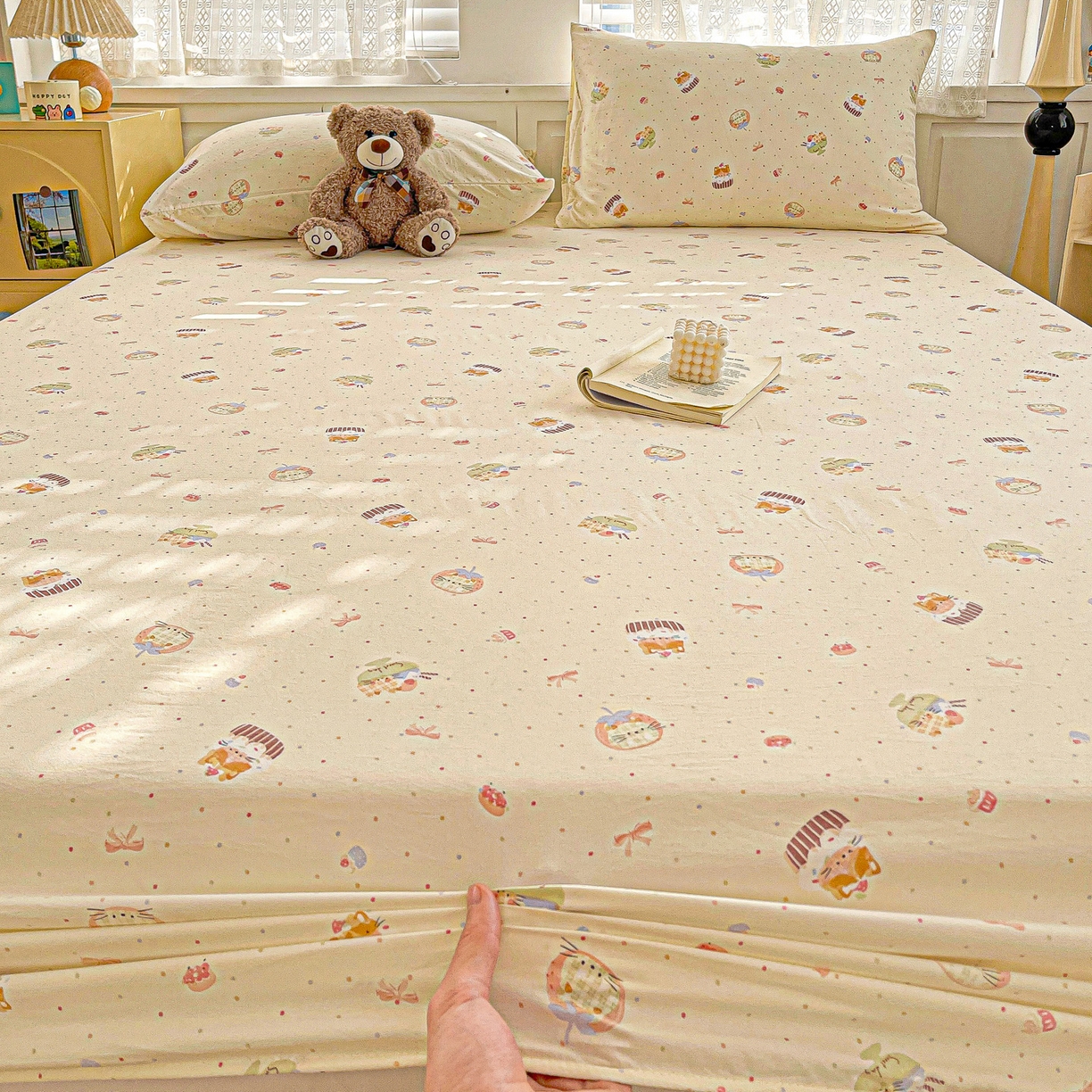 91家纺网 家纺一手货源 找家纺 温眠家纺 2026新款古法水洗棉加厚高克重双层纱单床笠床笠单件单品床笠 蛋糕小猫