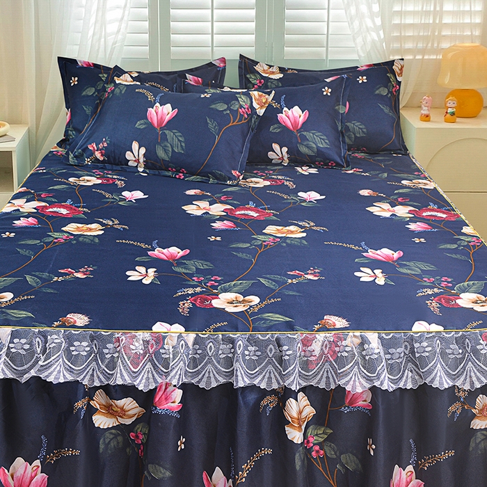 91家纺网 家纺一手货源 找家纺 小雨家纺 2026新款亲肤芦荟棉外贸蕾丝花边床裙 繁花似锦