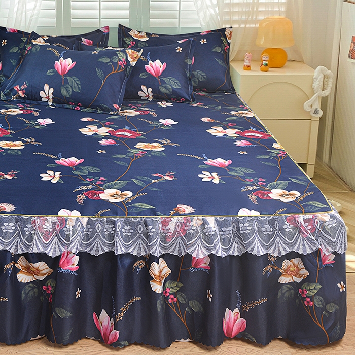 91家纺网 家纺一手货源 找家纺 小雨家纺 2026新款亲肤芦荟棉外贸蕾丝花边床裙 繁花似锦