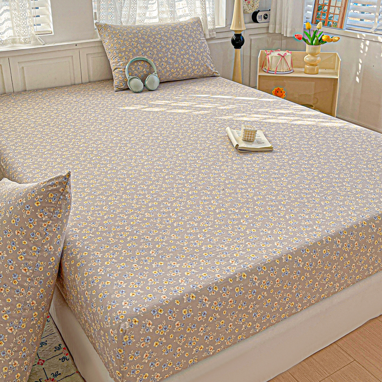 91家纺网 家纺一手货源 找家纺 温眠家纺 2026新款古法水洗棉加厚高克重双层纱单床笠床笠单件单品床笠 扶桑花未落