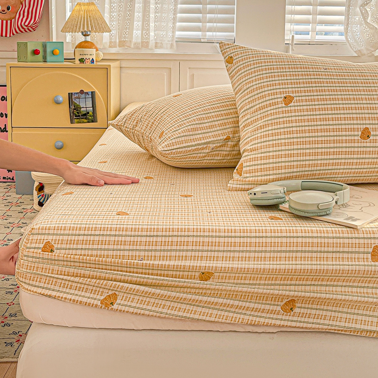 91家纺网 家纺一手货源 找家纺 温眠家纺 2026新款古法水洗棉加厚高克重双层纱单床笠床笠单件单品床笠 条纹南瓜