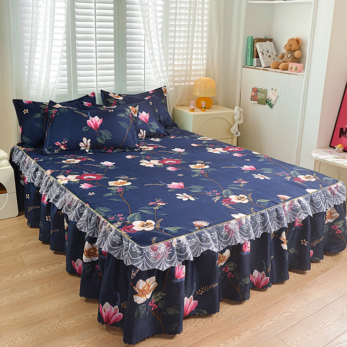 91家纺网 家纺一手货源 找家纺 小雨家纺 2026新款亲肤芦荟棉外贸蕾丝花边床裙 繁花似锦