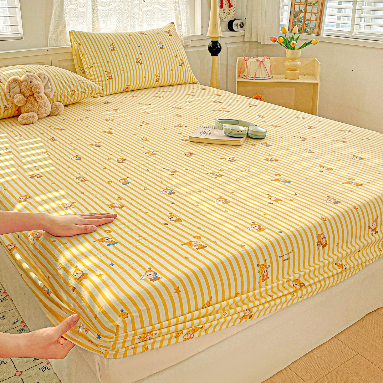 91家纺网 家纺一手货源 找家纺 温眠家纺 2026新款古法水洗棉加厚高克重双层纱单床笠床笠单件单品床笠 星星人