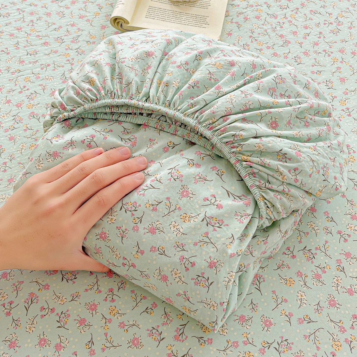 温眠家纺 2026新款古法水洗棉加厚高克重双层纱单床笠床笠单件单品床笠 绮梦花间