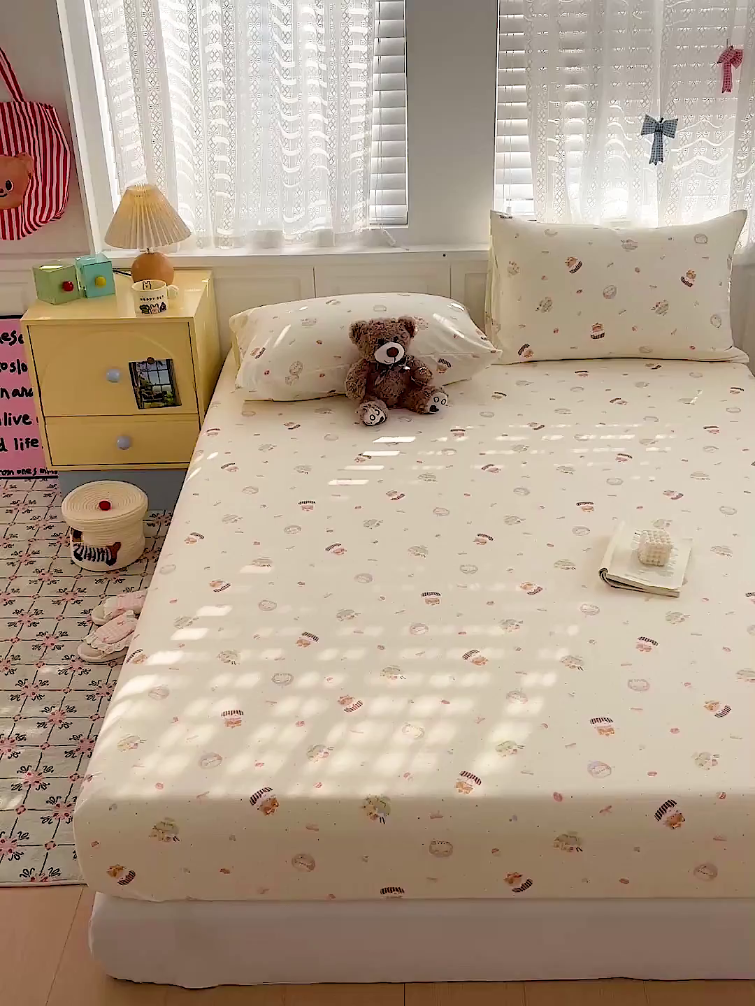 91家纺网 家纺一手货源 找家纺 温眠家纺 2026新款古法水洗棉加厚高克重双层纱单床笠床笠单件单品床笠 蛋糕小猫