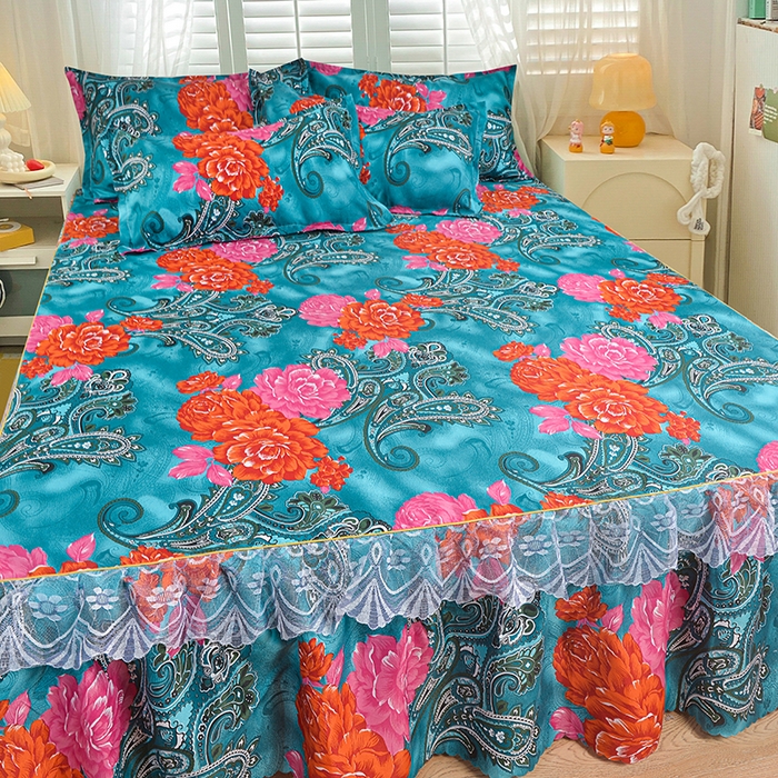 91家纺网 家纺一手货源 找家纺 小雨家纺 2026新款亲肤芦荟棉外贸蕾丝花边床裙 向阳而生