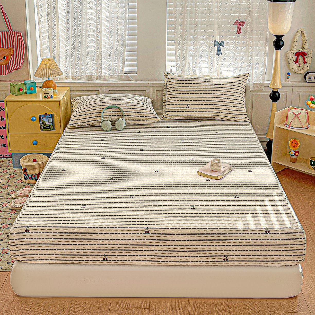 91家纺网 家纺一手货源 找家纺 温眠家纺 2026新款古法水洗棉加厚高克重双层纱单床笠床笠单件单品床笠 樱之桃桃