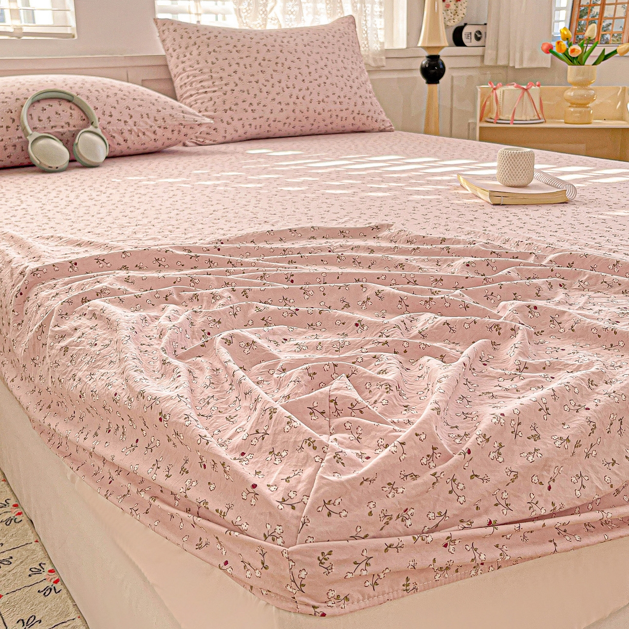 91家纺网 家纺一手货源 找家纺 温眠家纺 2026新款古法水洗棉加厚高克重双层纱单床笠床笠单件单品床笠 花韵