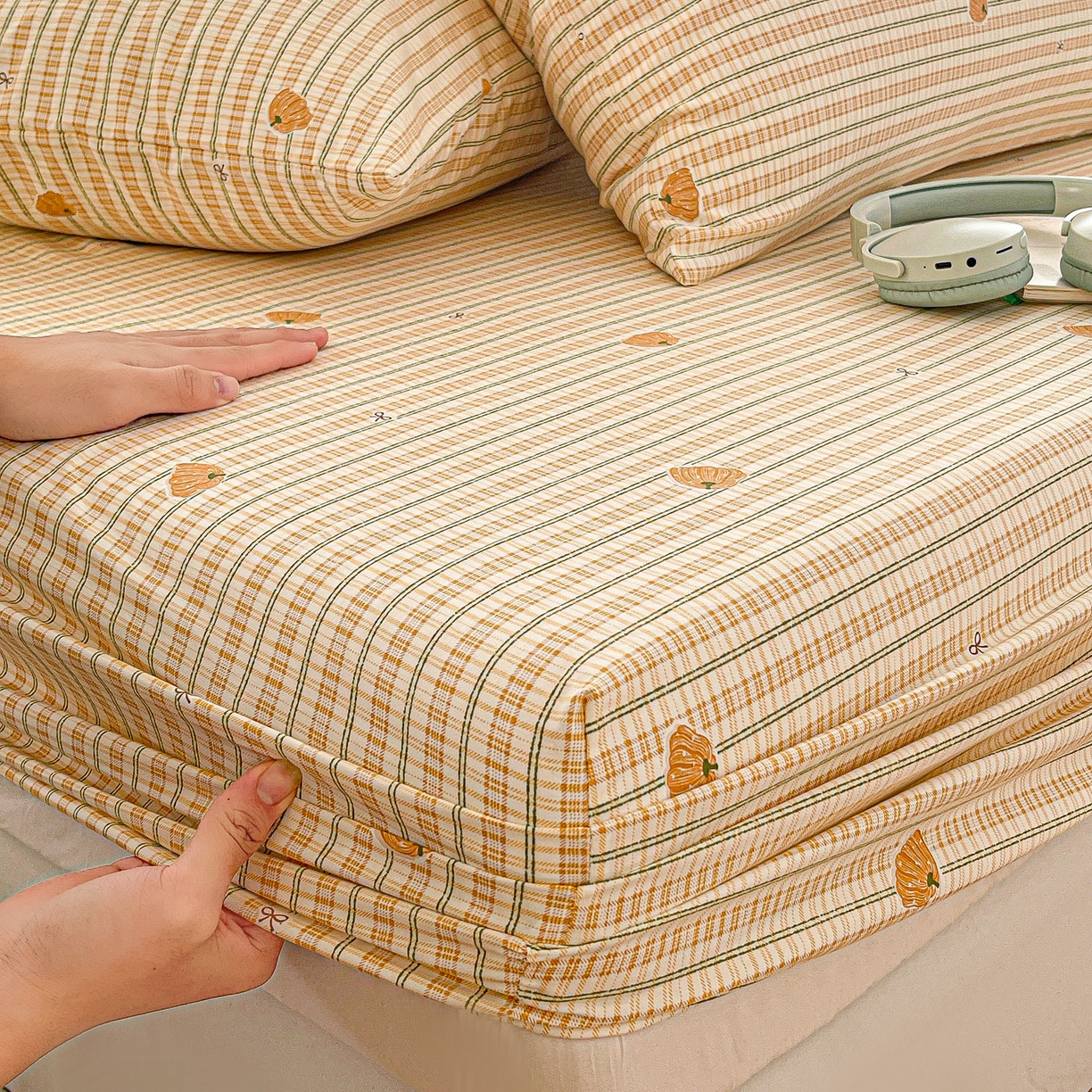 91家纺网 家纺一手货源 找家纺 温眠家纺 2026新款古法水洗棉加厚高克重双层纱单床笠床笠单件单品床笠 条纹南瓜