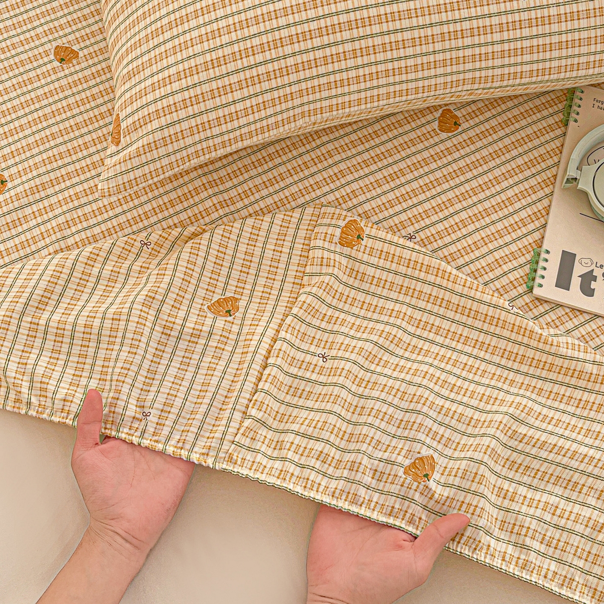 91家纺网 家纺一手货源 找家纺 温眠家纺 2026新款古法水洗棉加厚高克重双层纱单床笠床笠单件单品床笠 条纹南瓜