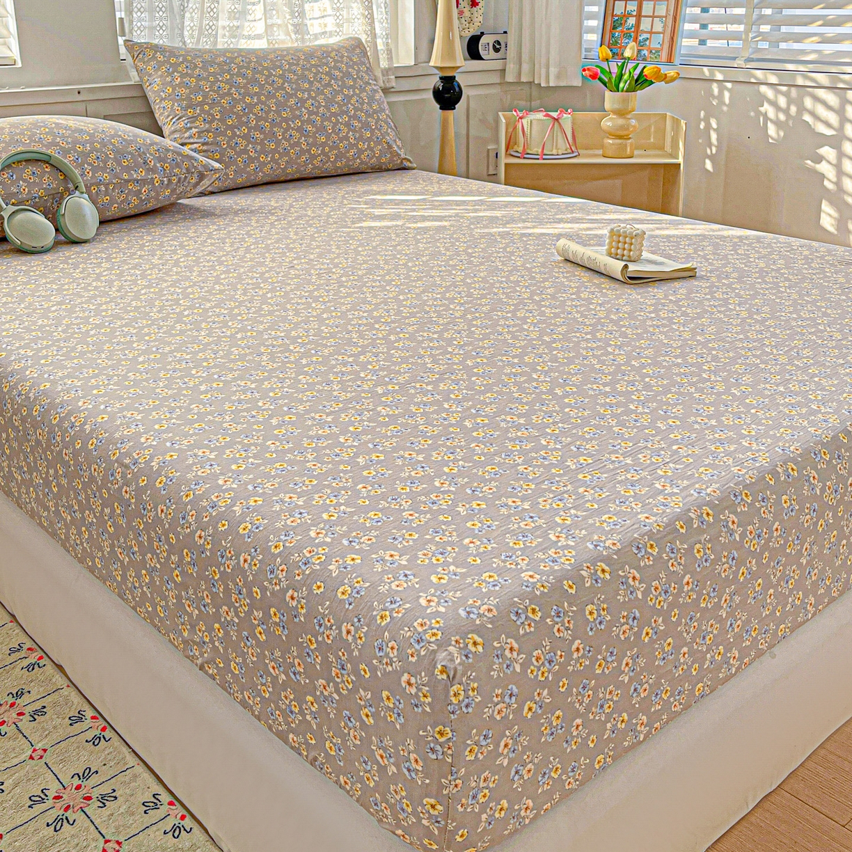 91家纺网 家纺一手货源 找家纺 温眠家纺 2026新款古法水洗棉加厚高克重双层纱单床笠床笠单件单品床笠 扶桑花未落