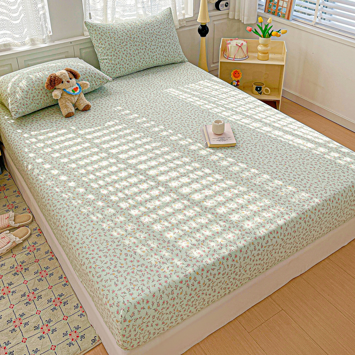 91家纺网 家纺一手货源 找家纺 温眠家纺 2026新款古法水洗棉加厚高克重双层纱单床笠床笠单件单品床笠 绮梦花间