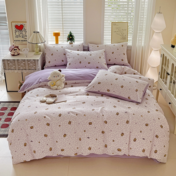 91家纺网 家纺一手货源 找家纺 温眠家纺 2026新款A类古法水洗仿棉云感棉加厚四件套 豹纹猫咪-紫