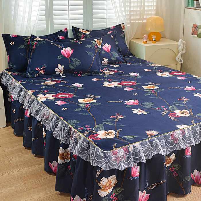 91家纺网 家纺一手货源 找家纺 小雨家纺 2026新款亲肤芦荟棉外贸蕾丝花边床裙 繁花似锦