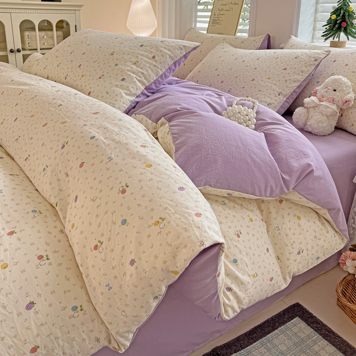 91家纺网 家纺一手货源 找家纺 温眠家纺 2026新款A类古法水洗仿棉云感棉加厚四件套 草莓密语