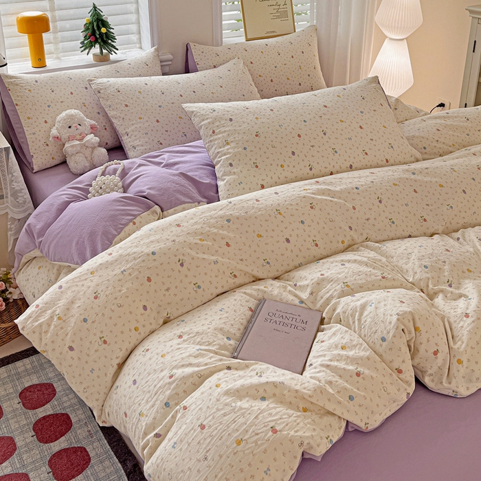 91家纺网 家纺一手货源 找家纺 温眠家纺 2026新款A类古法水洗仿棉云感棉加厚四件套 草莓密语