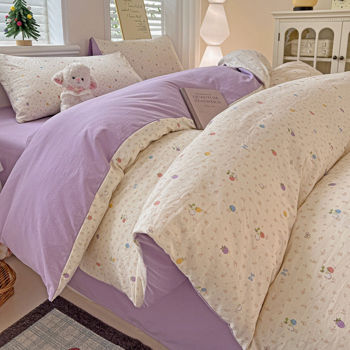 91家纺网 家纺一手货源 找家纺 温眠家纺 2026新款A类古法水洗仿棉云感棉加厚四件套 草莓密语