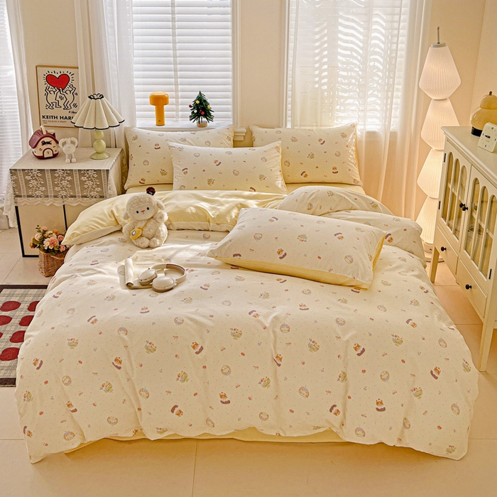 91家纺网 家纺一手货源 找家纺 温眠家纺 2026新款A类古法水洗仿棉云感棉加厚四件套 蛋糕猫咪