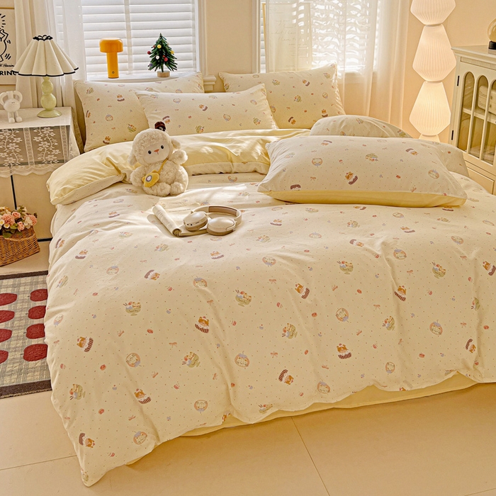 91家纺网 家纺一手货源 找家纺 温眠家纺 2026新款A类古法水洗仿棉云感棉加厚四件套 蛋糕猫咪