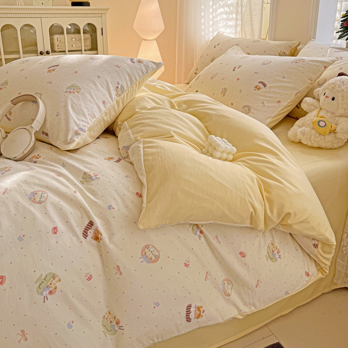 91家纺网 家纺一手货源 找家纺 温眠家纺 2026新款A类古法水洗仿棉云感棉加厚四件套 蛋糕猫咪