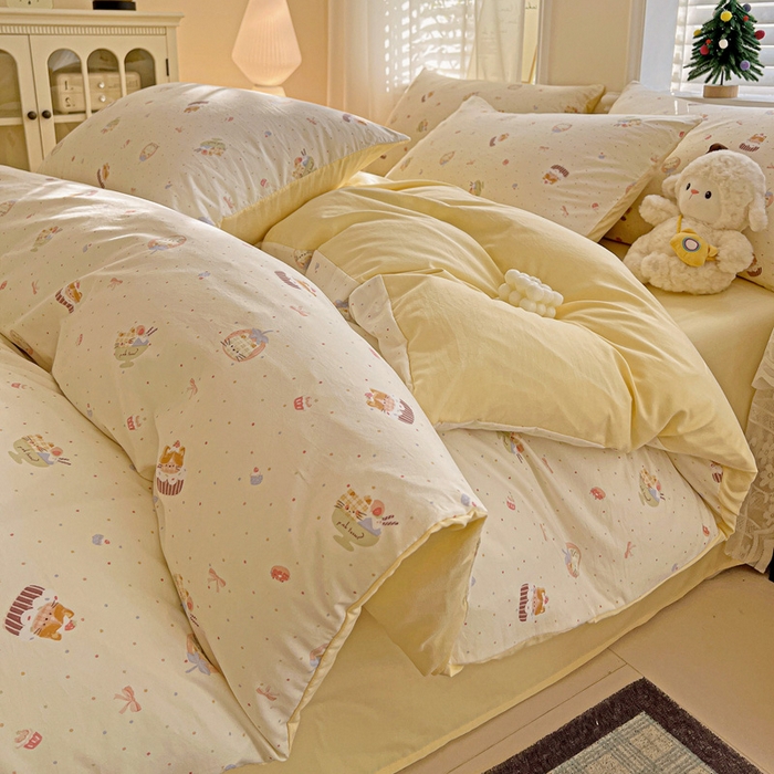 91家纺网 家纺一手货源 找家纺 温眠家纺 2026新款A类古法水洗仿棉云感棉加厚四件套 蛋糕猫咪