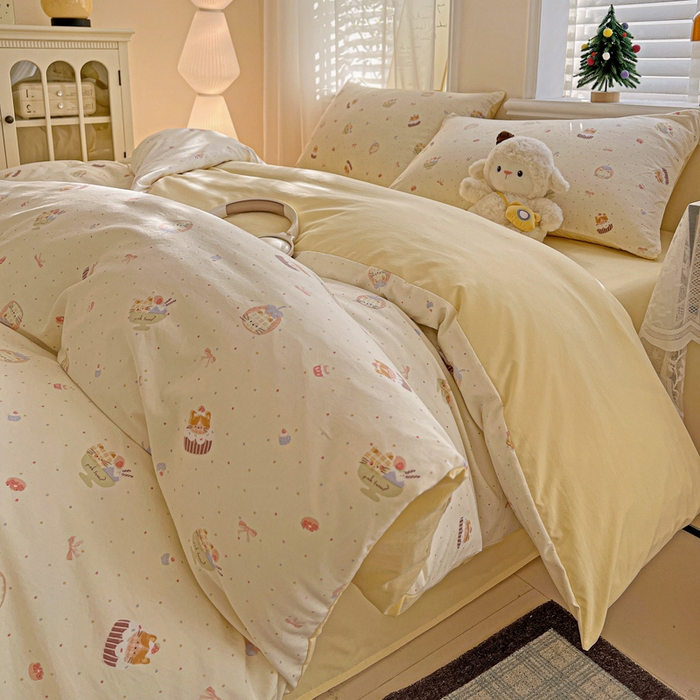 91家纺网 家纺一手货源 找家纺 温眠家纺 2026新款A类古法水洗仿棉云感棉加厚四件套 蛋糕猫咪