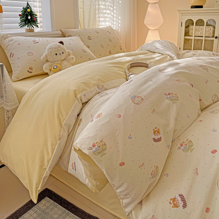 91家纺网 家纺一手货源 找家纺 温眠家纺 2026新款A类古法水洗仿棉云感棉加厚四件套 蛋糕猫咪